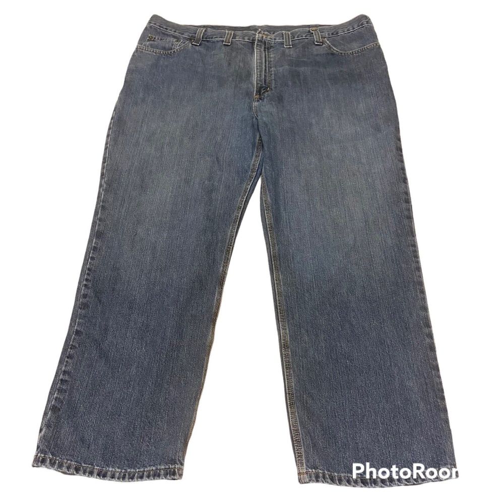 Carhartt Mens Blue Medium Wash Pockets Zip Straight Leg Cotton Denim Jeans 44x30